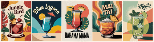 Retro cocktail poster set in Mid Century Modern style featuring Bahama Mama, Mojito, Jungle Bird, Blue Lagoon, and Mai Tai. Tropical summer drinks, vibrant and stylish vintage art.