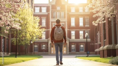 Wallpaper Mural A student walks along a path lined with flowering trees as the sun sets behind university buildings in spring Torontodigital.ca