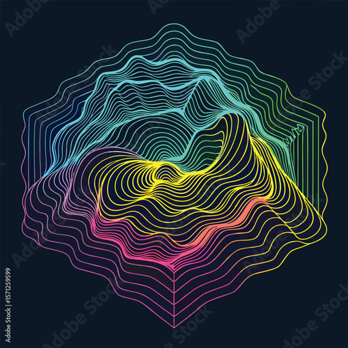 Abstract composition showcasing a mesmerizing display of colorful gradients within dynamic warped grids over a dark background.