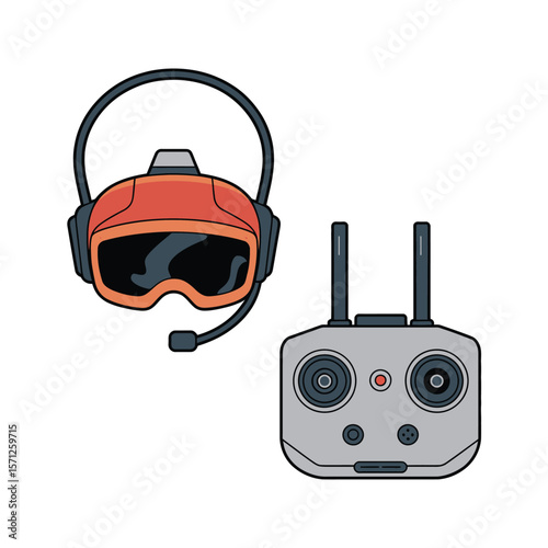 Modern fpv goggles and drone remote controller isolated on white background