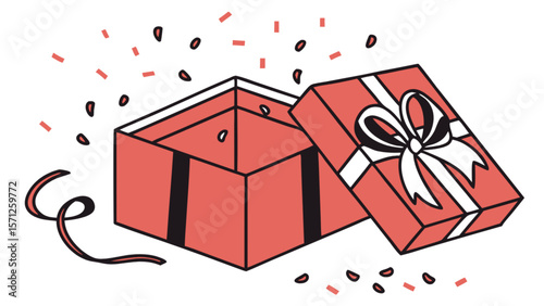 Open gift box present with ribbon bow and confetti vector illustration for celebration and special occasion 100