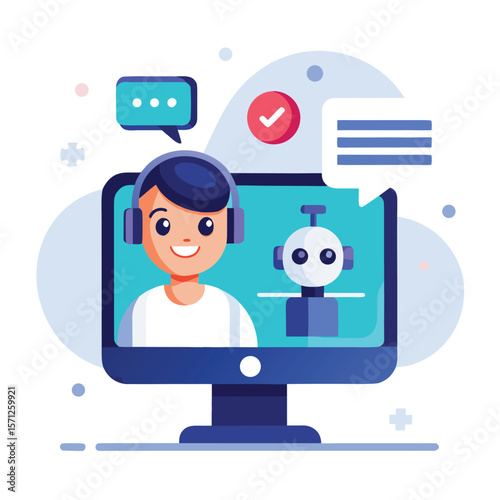 Customer service representative interacting with a chatbot on a computer monitor