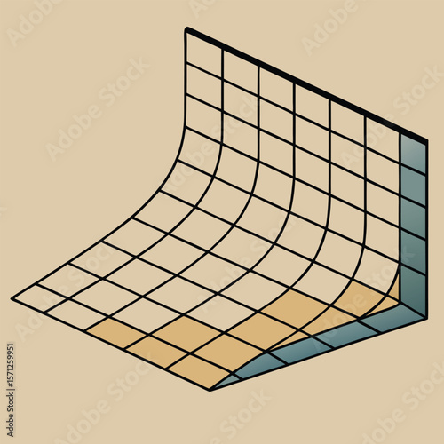 Abstract geometric illustration of warped grids forming a three-dimensional shape with a color gradient on a neutral background.