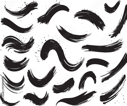 Paint grunge backgrounds, brushstrokes. Black brush strokes, grunge design elements set isolated on a white background. Black oil paint texture, ink swatch, grungy line art
