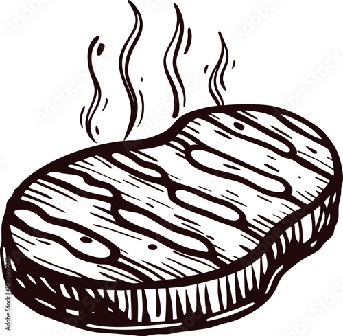 Hand drawn grilled steak illustration with steam lines vintage engraved beef meat isolated on white background