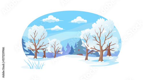 Winter landscape scene with snow covered trees and blue sky vector illustration design element for graphics