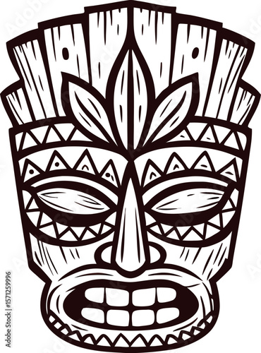 Hand drawn tribal tiki mask illustration with geometric decorative patterns and stylized face on white background