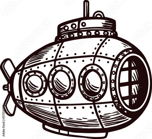 Hand drawn vintage submarine illustration with portholes and propeller, isolated on white, antique engraved