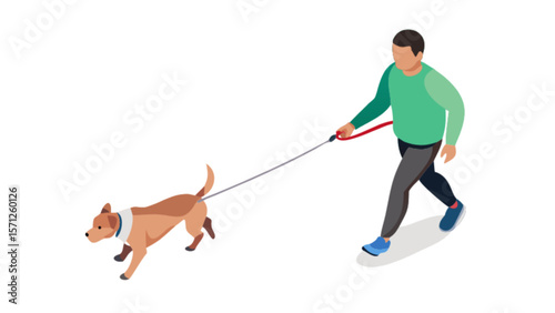Isometric illustration of man walking dog on leash pet animal canine friend outdoor exercise healthy lifestyle