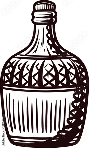 hand drawn vintage demijohn bottle in engraved sketch isolated on white background