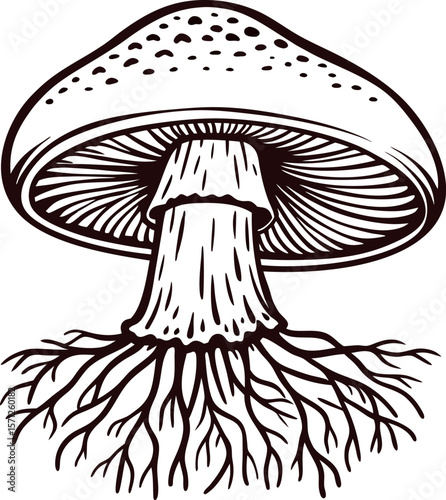 Hand drawn mushroom with roots isolated on white detailed vintage botanical illustration
