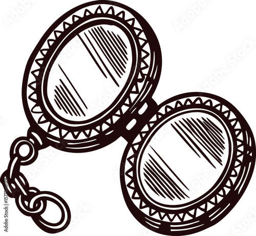 Vintage engraved drawing of an open oval locket with chain isolated on white background