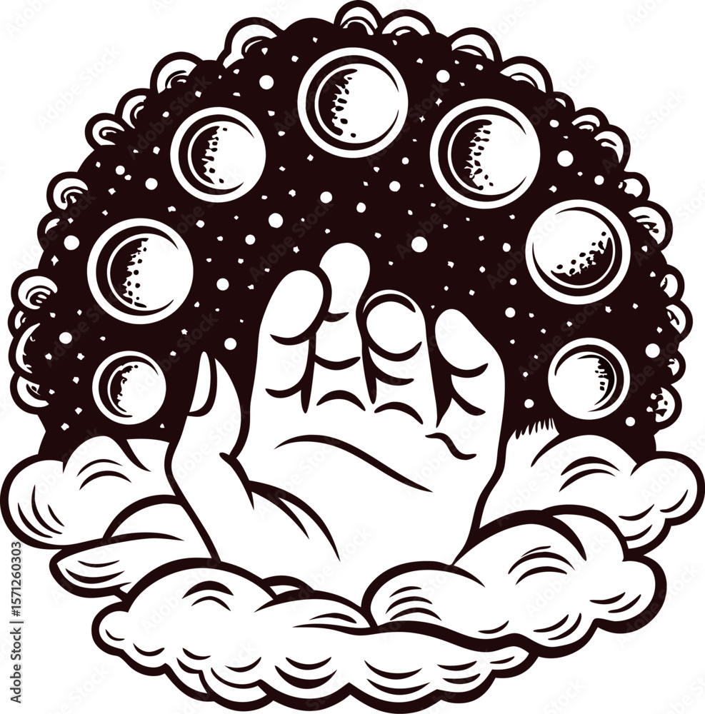 Fototapeta premium Vintage mystical hand reaching through clouds with celestial moon phases illustration