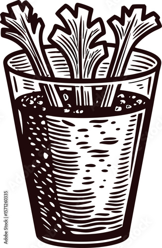 Hand drawn glass filled with beverage and celery stalks vintage black and white engraved sketch illustration