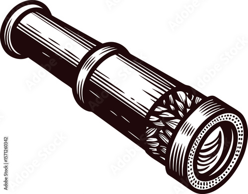 vintage engraved drawing of antique handheld brass telescope isolated on white background