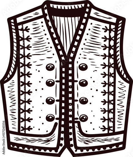 Hand drawn traditional wool vest with decorative stitching and buttons vintage engraving illustration