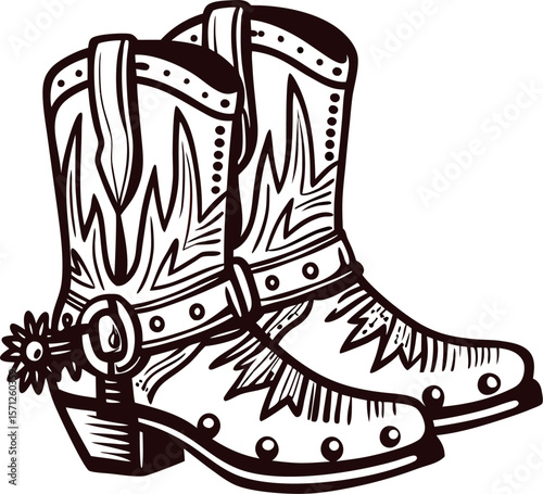 Vintage engraved illustration of cowboy boots with decorative spurs, western fashion footwear, black and white sketch