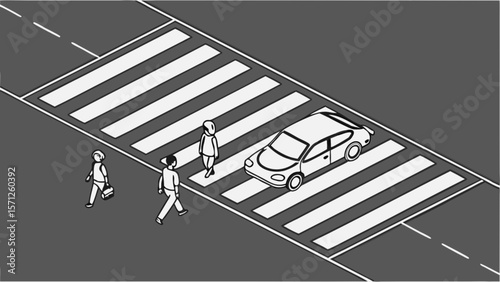 Illustration of pedestrian crosswalk with people crossing road and car driving through the intersection area