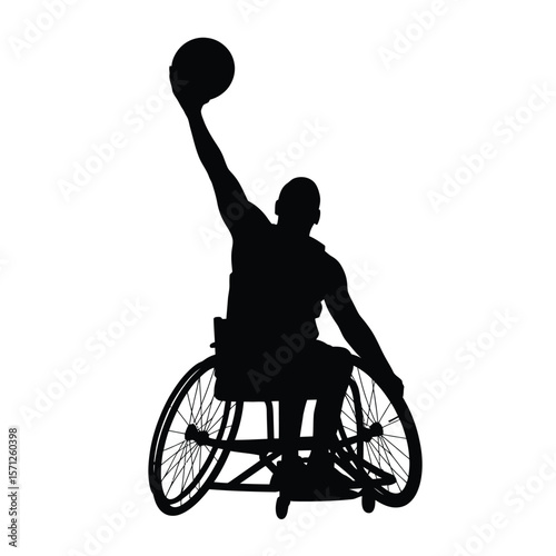 Silhouette of a wheelchair basketball player reaching up with a basketball