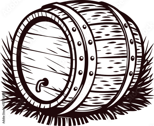 Vintage hand drawn wooden barrel resting on grass detailed engraving illustration with metal hoops