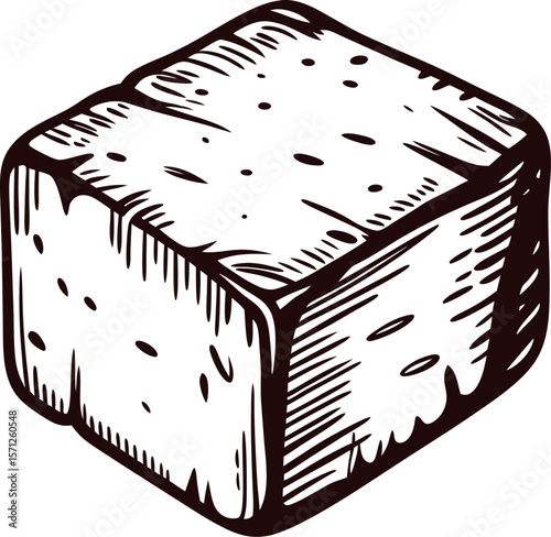 Hand drawn wooden cube sketch isolated on white background, vintage engraved block illustration