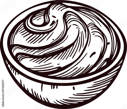 Hand drawn illustration of creamy dip or sauce in ceramic bowl vintage monochrome engraving food sketch