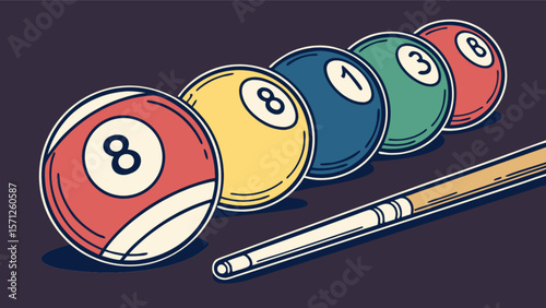 Billiards pool game balls and cue stick vector illustration for sports and recreation themed designs