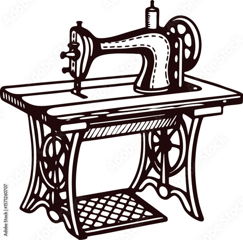 Vintage engraved illustration of an antique sewing machine with ornate hand crank and metal base