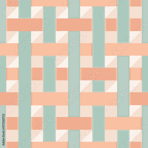Abstract woven seamless pattern featuring interlocking pastel colored rectangles and subtle triangle accents on a transparent background