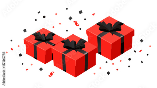 Red gift boxes with black ribbons and confetti vector illustration for celebration design element