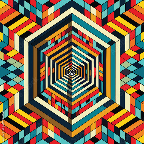 Colorful abstract geometric design featuring warped grids composed of various shapes and vibrant primary and secondary color palettes.