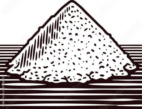 Woodcut illustration of a heap of coarse salt crystals forming a pyramid shape on striped surface
