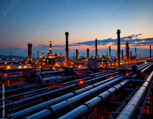 main subject: the image showcases a sprawling industrial plex, dominated by interconnected pipelines and towering structures with illuminated towers