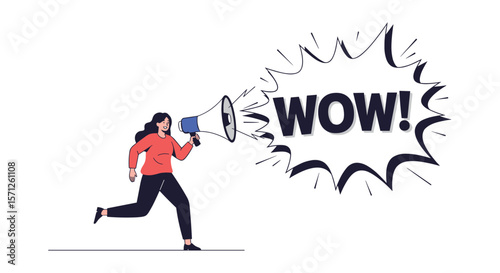 Excited person running announcing great news with megaphone illustration