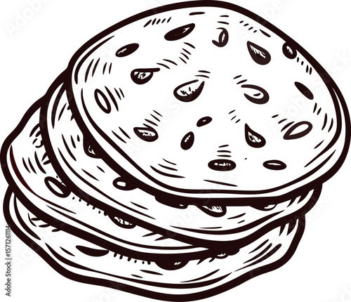 Hand drawn sesame seed burger buns isolated on white background vintage engraved bakery bread stack illustration