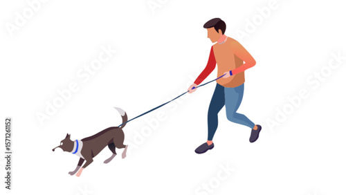 Isometric man running with dog on leash vector illustration for pet care and exercise concept design art 100