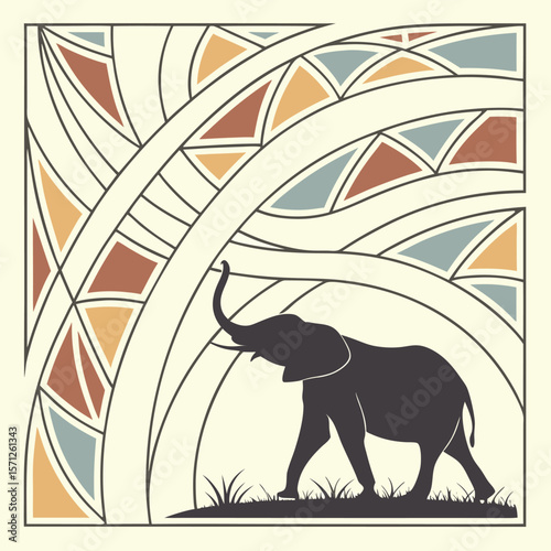 Silhouette of an african elephant walking in a decorative composition featuring warped grids and abstract geometric shapes