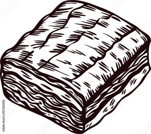 Hand drawn bacon slab illustration in vintage engraving isolated on white background
