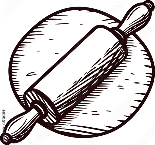 Vintage sketch of rolling pin and dough on wooden board hand drawn kitchen utensil for baking, cooking, pastry design