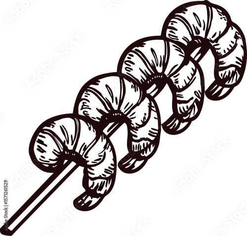 Hand drawn skewer with grilled shrimp isolated vintage black and white illustration of seafood appetizer on stick