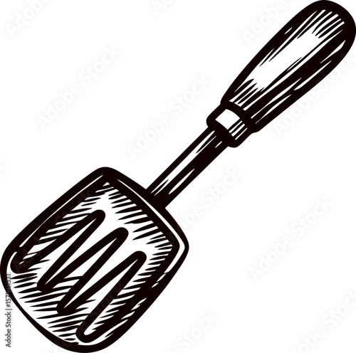 Hand drawn kitchen spatula with wooden handle sketch isolated on white background, vintage cooking utensil illustration