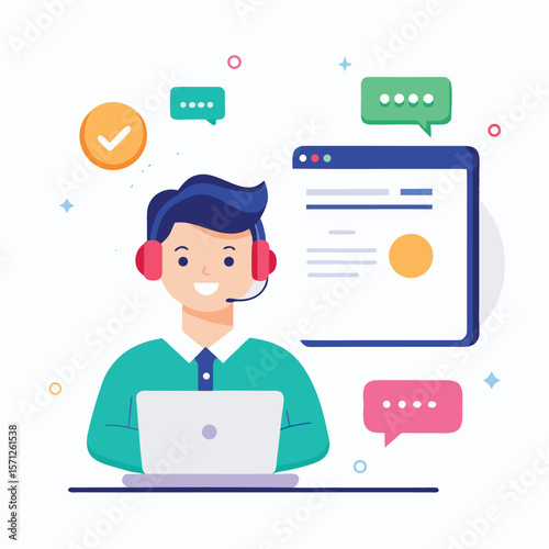 Customer service representative wearing headset with laptop and chat bubble illustrations