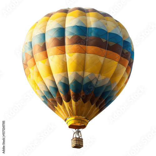 Colorful hot air balloon ascending with passengers in basket isolated on transparent background