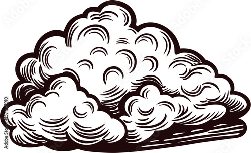 Hand drawn vintage cloud isolated on white background with swirling linework details