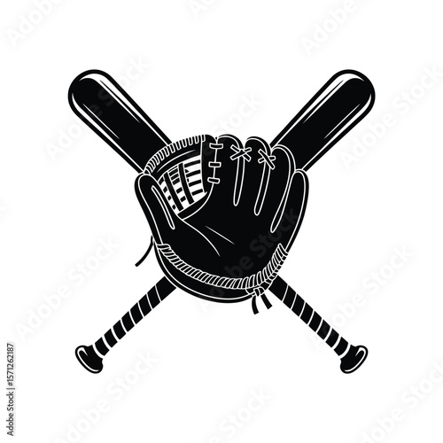 Black silhouette of a baseball glove and crossed bats on a white background