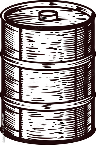 Vintage engraved illustration of an industrial metal oil barrel drum isolated on white background