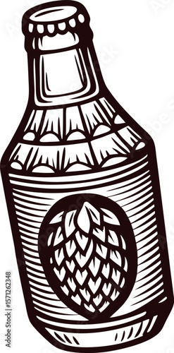 Hand drawn craft beer bottle with hop illustration vintage engraved beverage container isolated on white