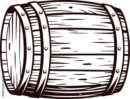 Hand drawn wooden barrel with metal hoops in vintage engraving isolated on white background
