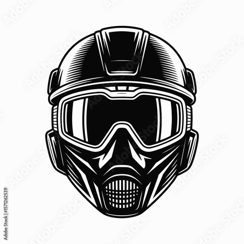 Stylized black and white illustration of a protective helmet and gas mask