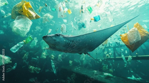 A stingray swims through a polluted ocean filled with plastic waste. Various plastic bags and debris float around, highlighting environmental issues.